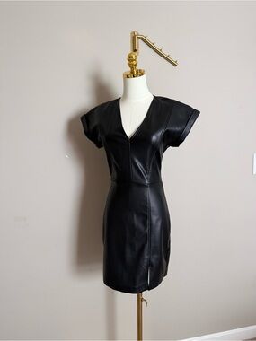 Steve Madden Black Faux Leather V-Neck Mini Dress XS